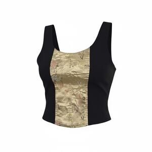 Select Cropped Tank Top Silky Floral Decor Gold Black Size 16